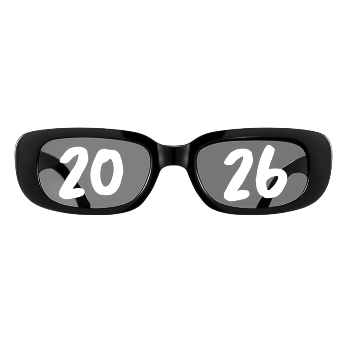 Black graduation sunglasses with '2026' on a white background