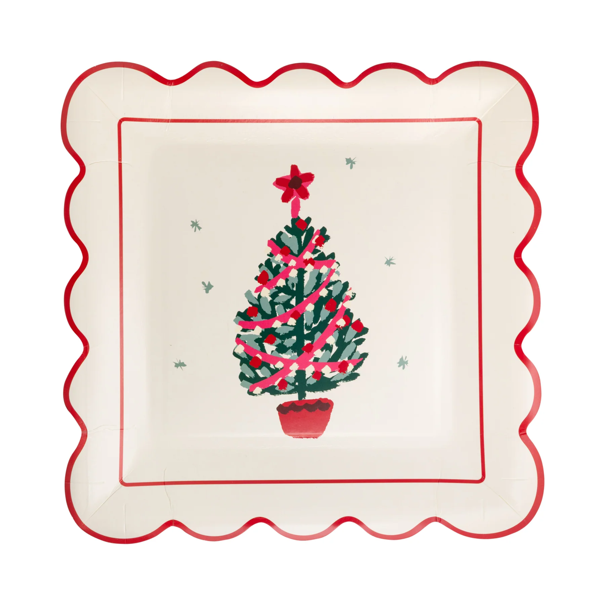 A square white paper plate with a scalloped edge, featuring a printed illustration of a Christmas tree decorated with pink and red ornaments, on a white background.