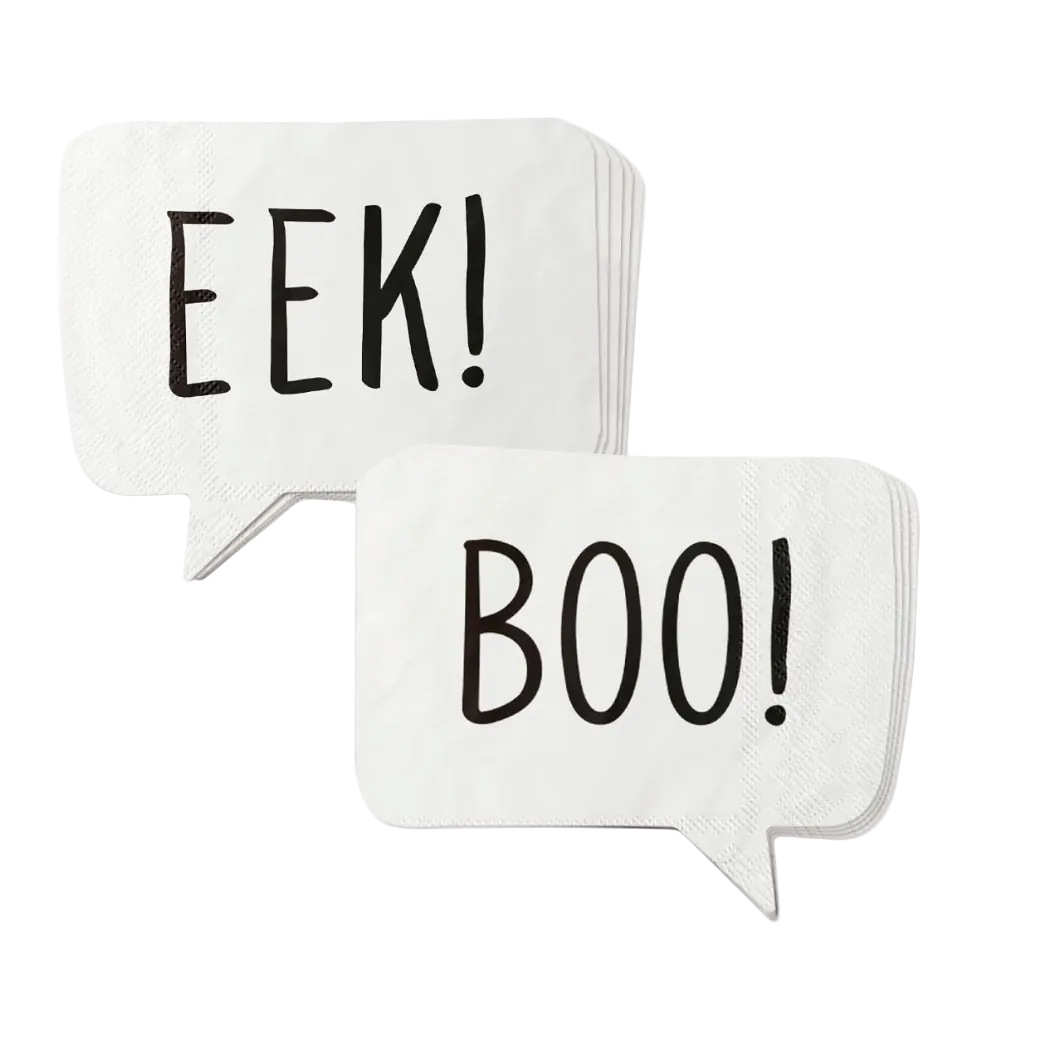 Two white paper napkins shaped like speech bubbles, one stacked on top of the other. The top napkin reads 'EEK!' in black lettering, and the bottom napkin reads 'BOO!' in black lettering, set against a plain white background.