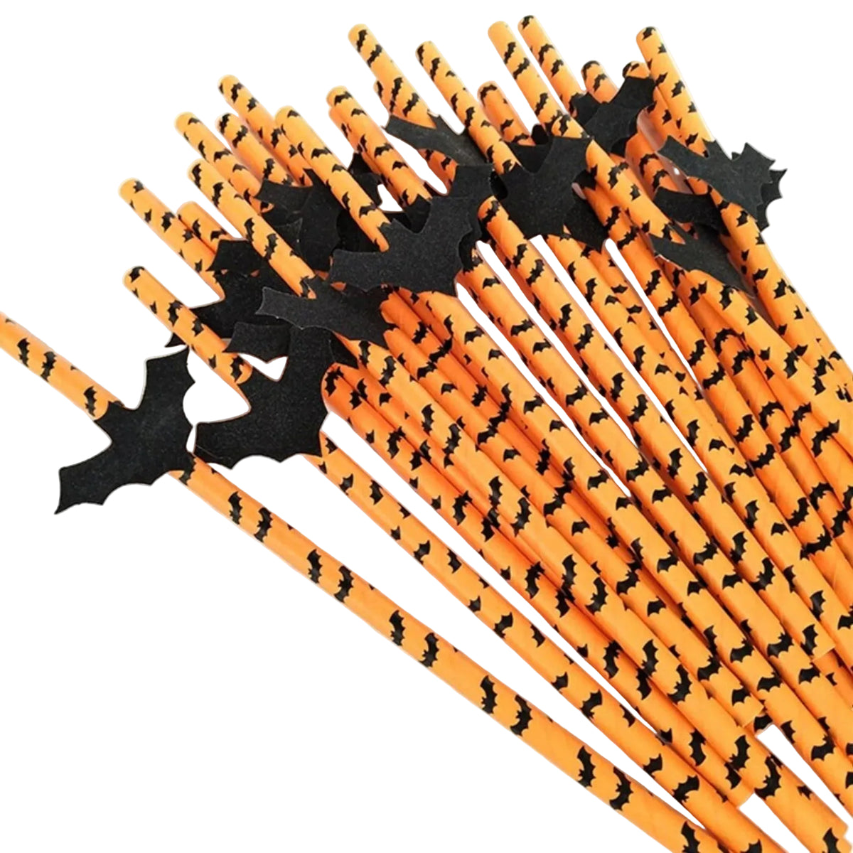 A set of orange paper party straws decorated with a repeating black bat pattern and topped with black bat cutouts, arranged on a plain white background.
