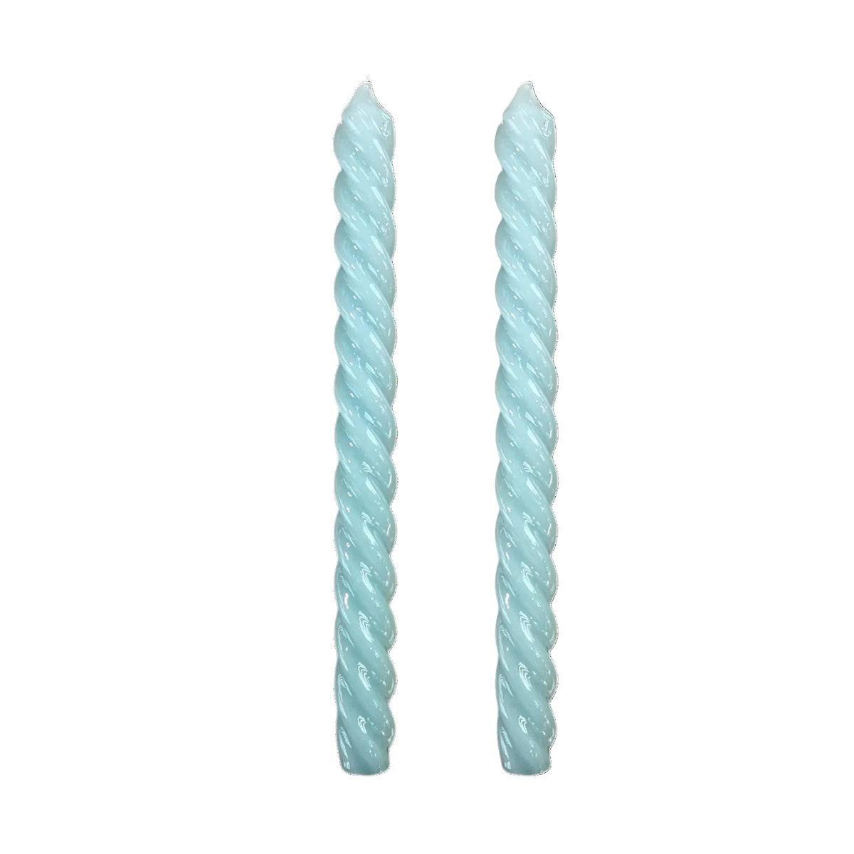 Two twisted taper candles in a pale icy blue color, standing upright on a plain white background.