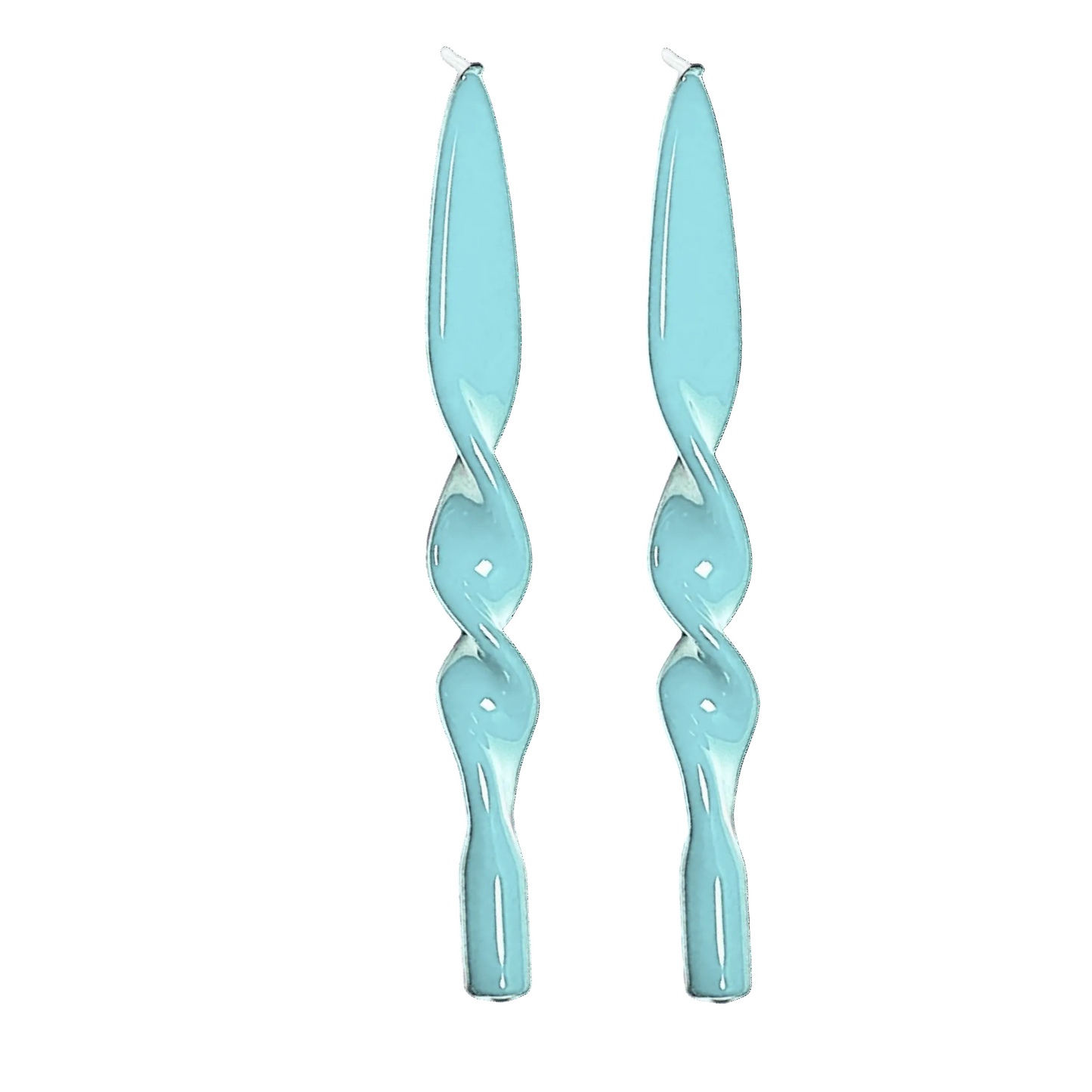 A pair of light blue twisted spiral earrings with a glossy finish, shown against a plain white background.