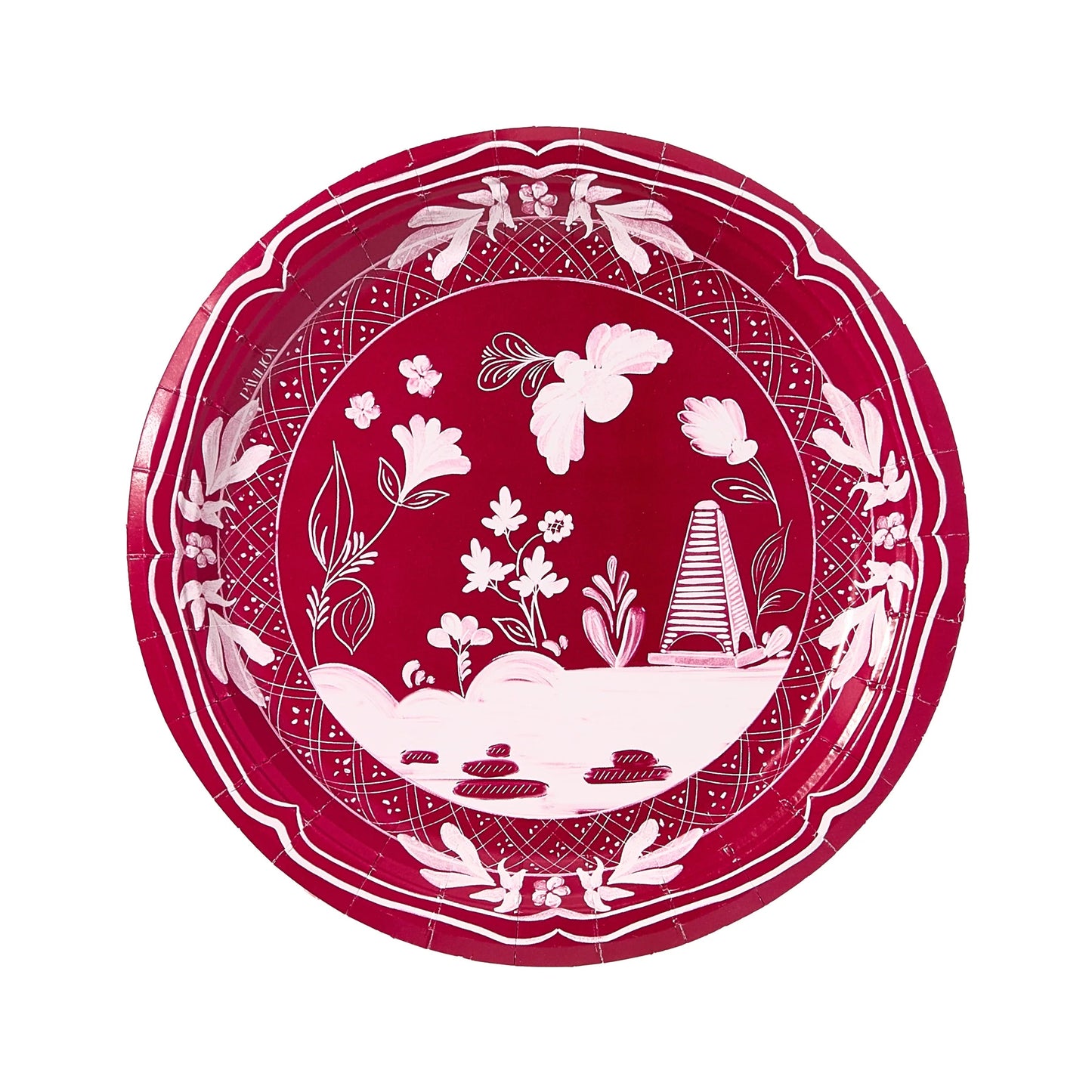 Decorative red paper plate with white floral and leaf pattern on a white background