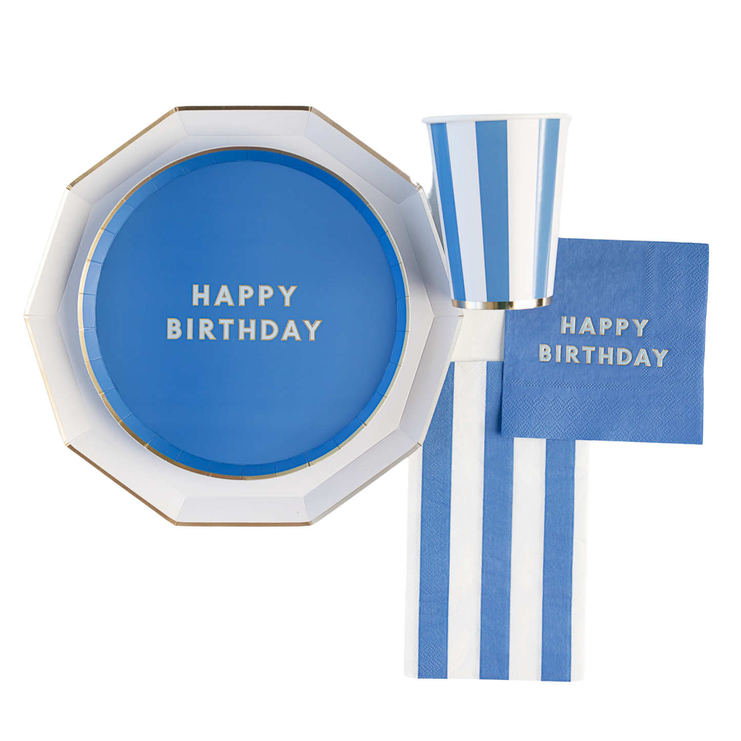 Blue 'Happy Birthday' plate with matching napkin and straw on a white background