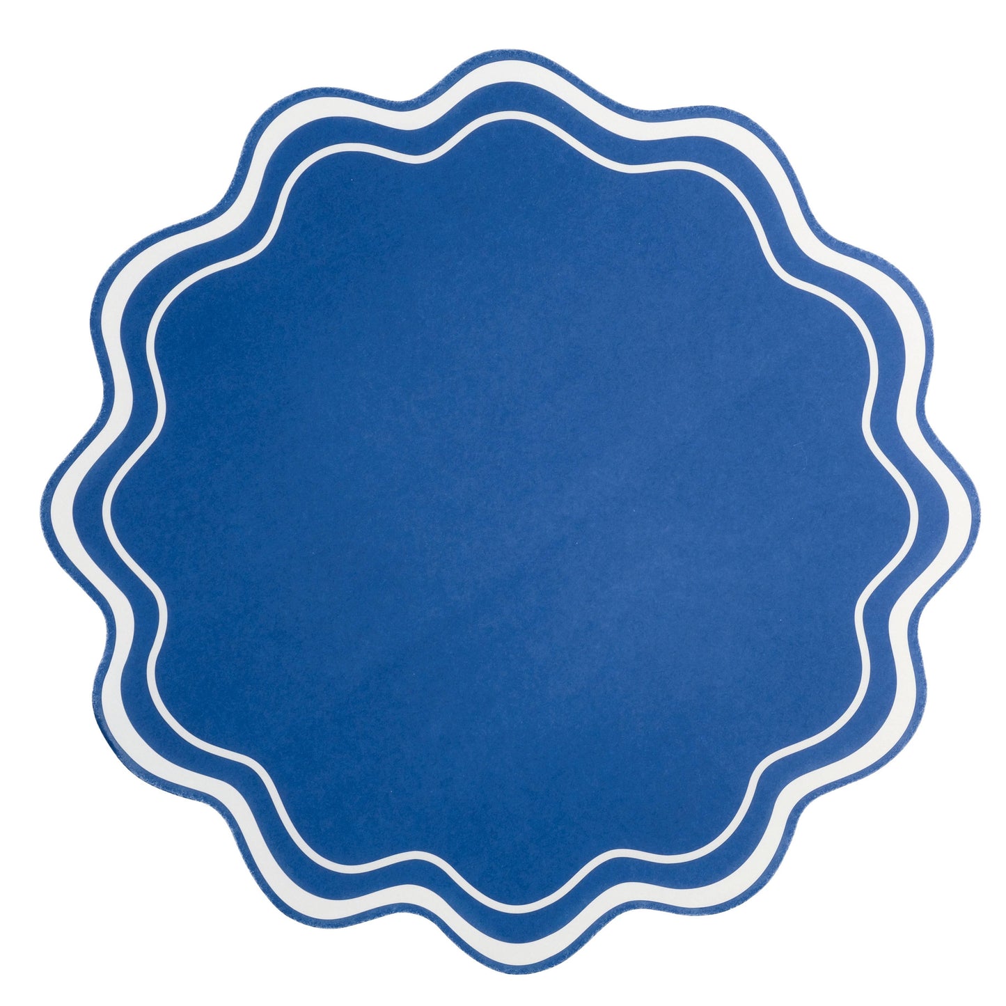 Blue circular paper placemat with wavy border on a white background