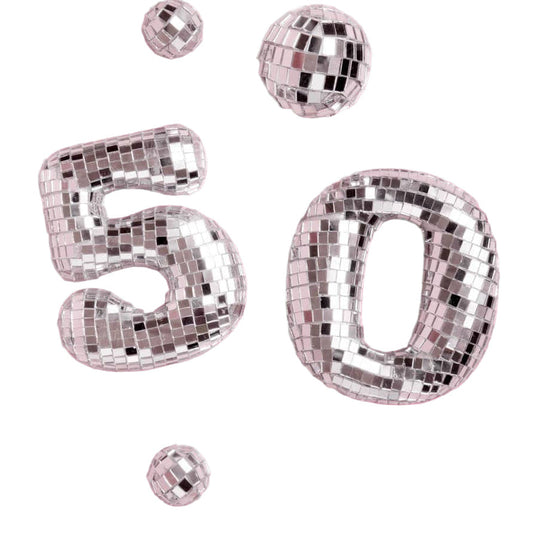 Silver disco ball numbers '50' on a white background