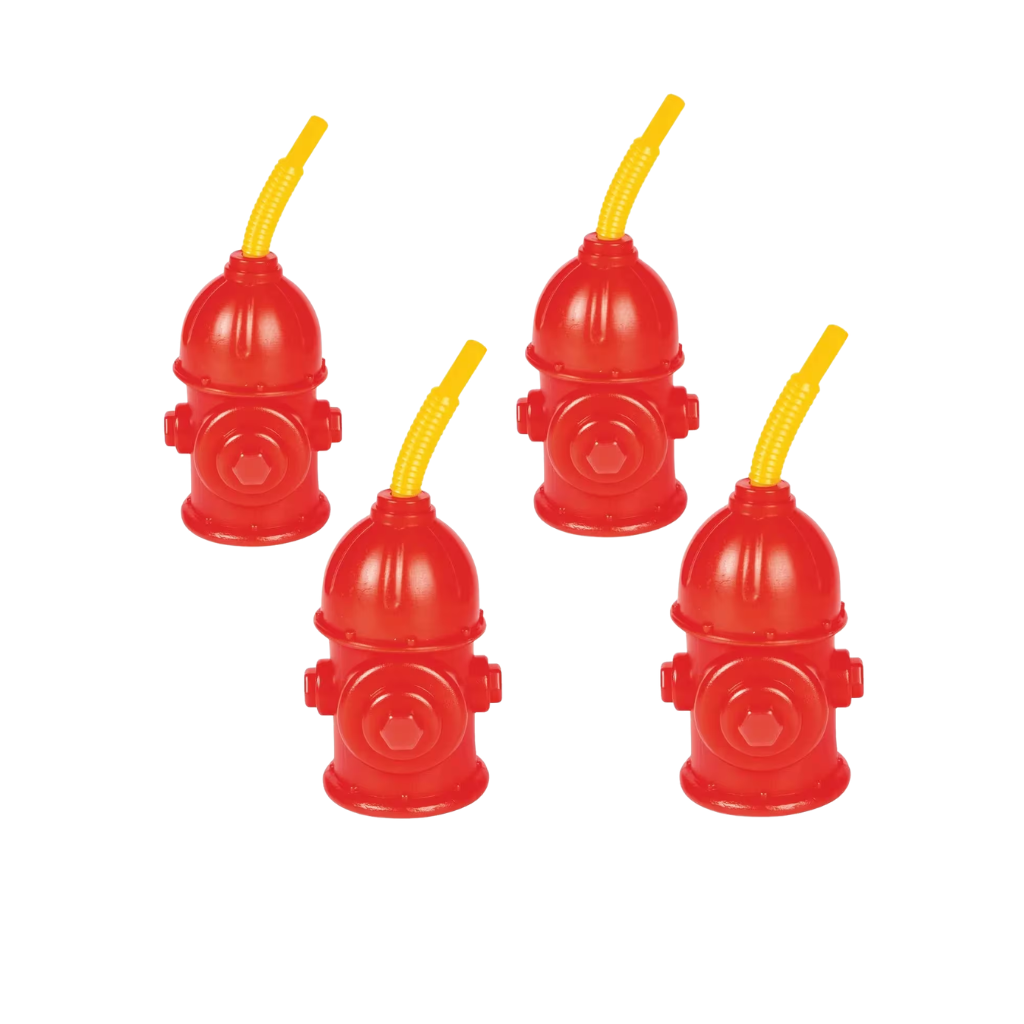 Four red fire hydrant-shaped sipper drink containers with yellow straws on a white background