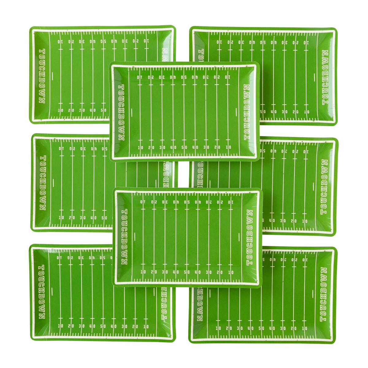 Set of green plates with football field design on a white background