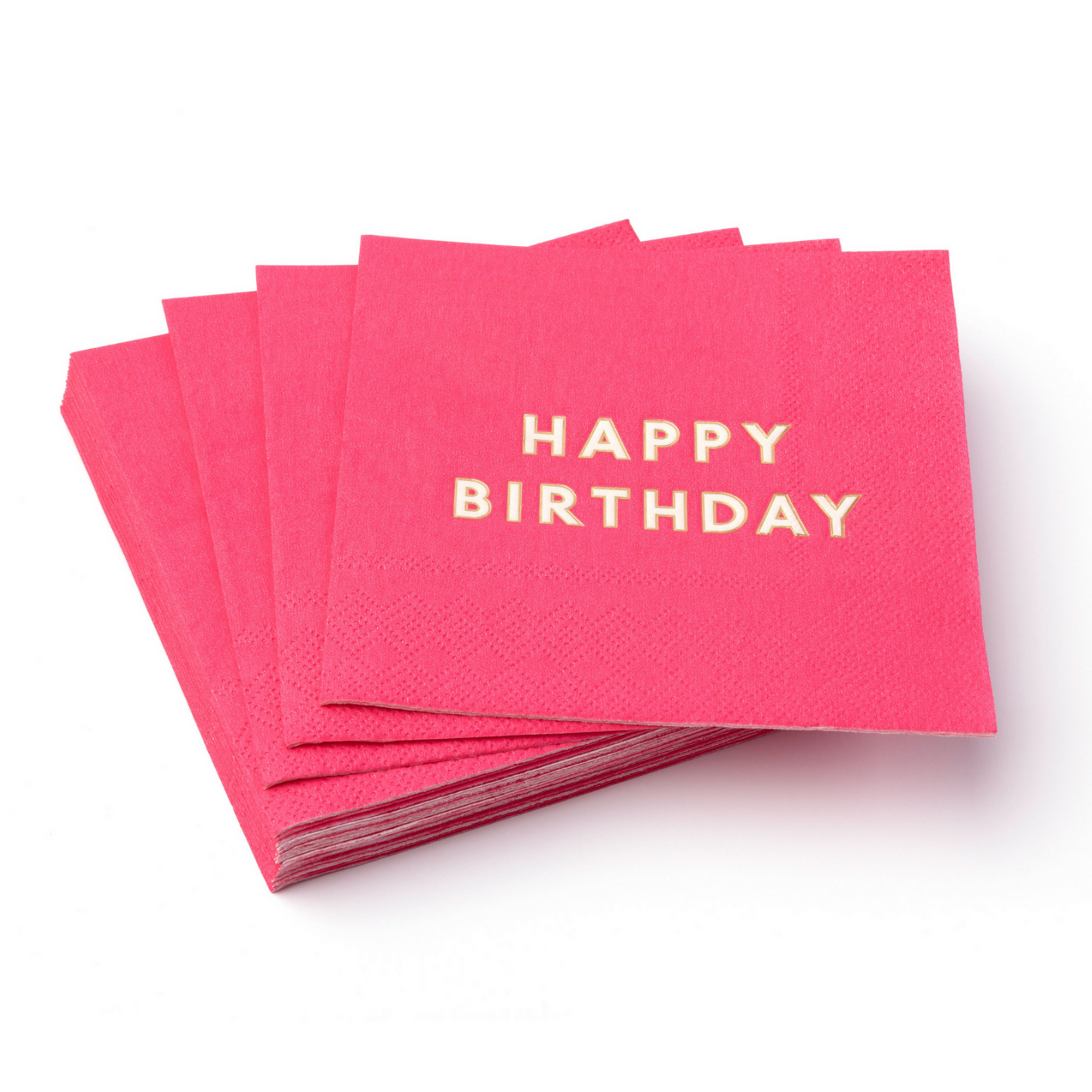 Stack of pink napkins with 'Happy Birthday' text on a white background
