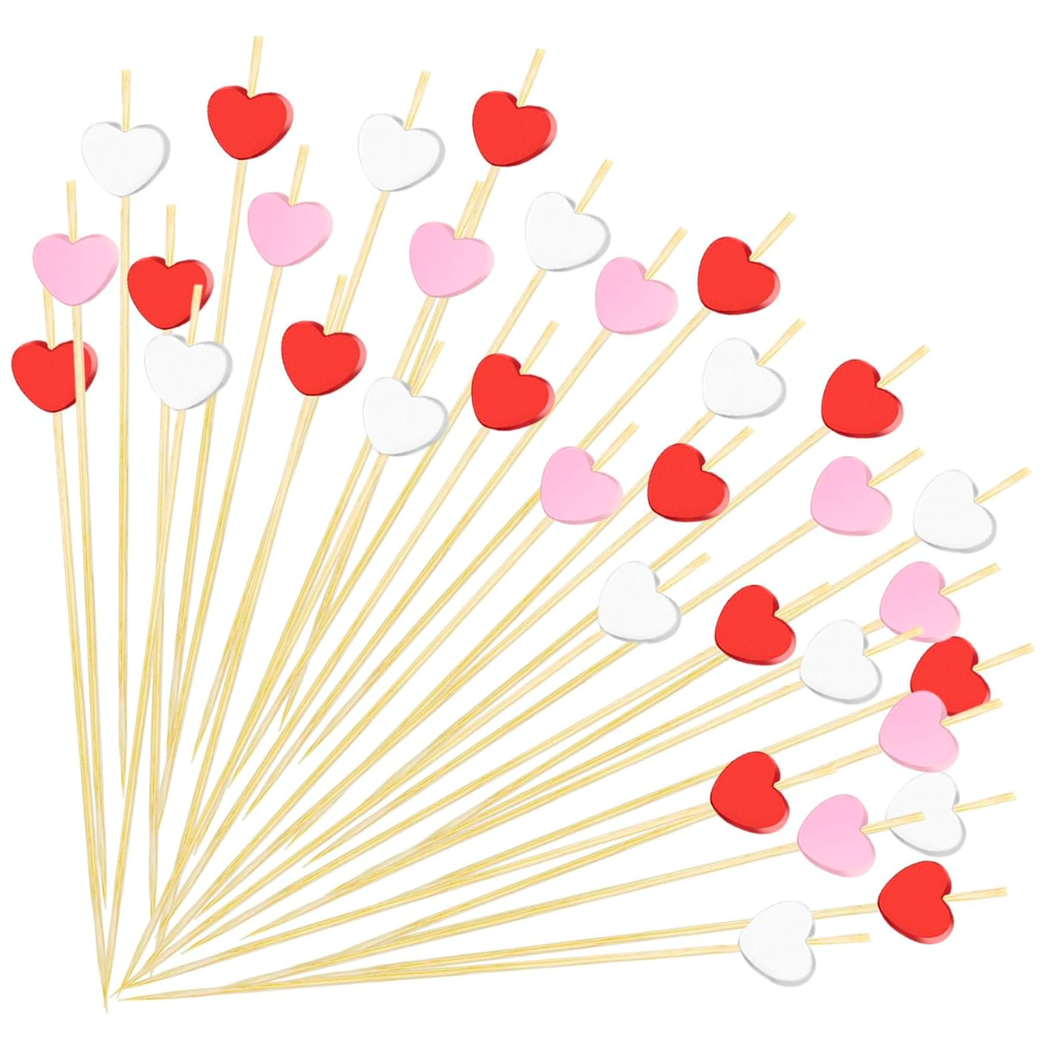 Wooden skewers with heart-shaped ends in red, pink, and white on a white background