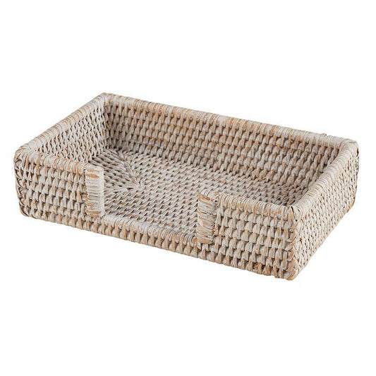 Woven rattan napkin guest towel holder on a white background