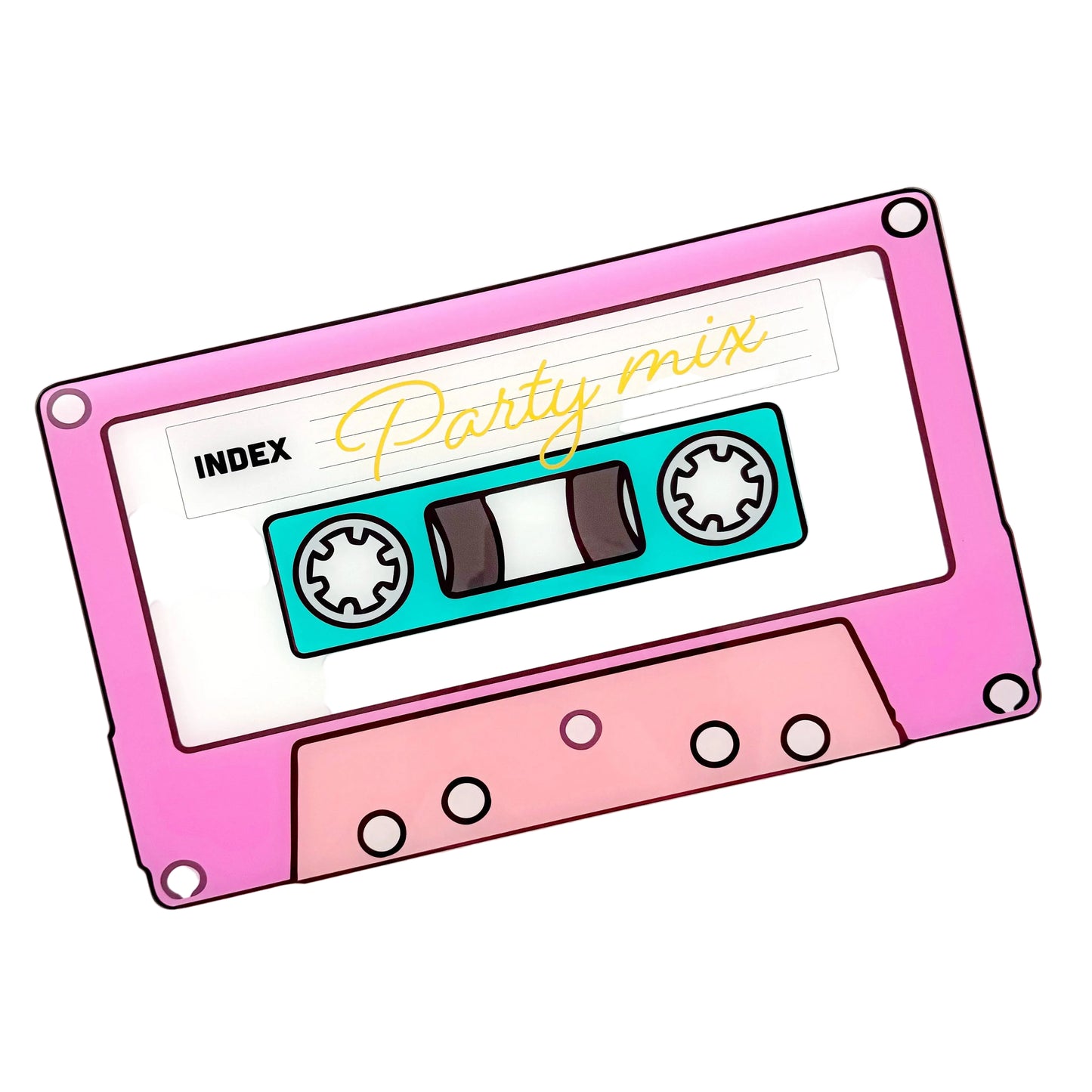 Pink cassette tape tray with 'Party mix' text on a white background