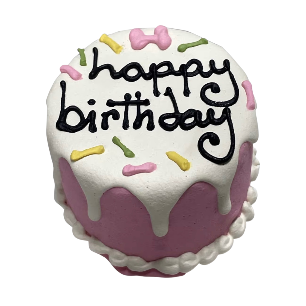 Small round cake for dogs with 'happy birthday' text and colorful bone sprinkles on a white background