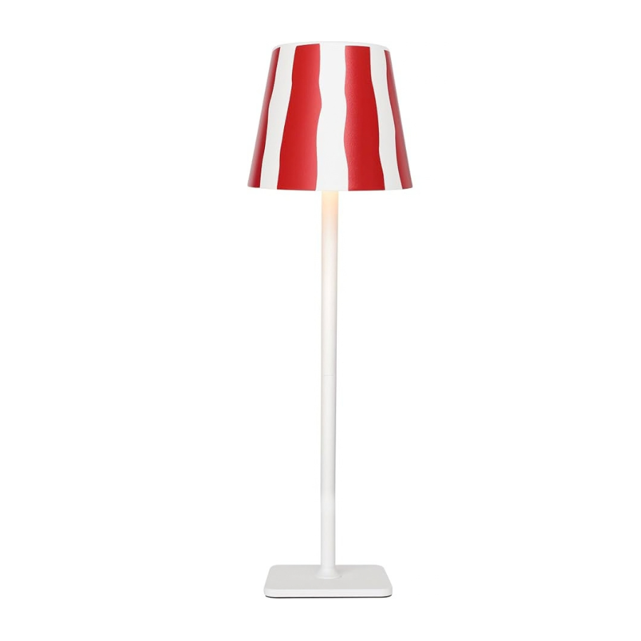 A rechargeable table lamp with a tapered drum shade featuring vertical red and white stripes, supported by a slim white stem and a square white base, shown against a plain white background.