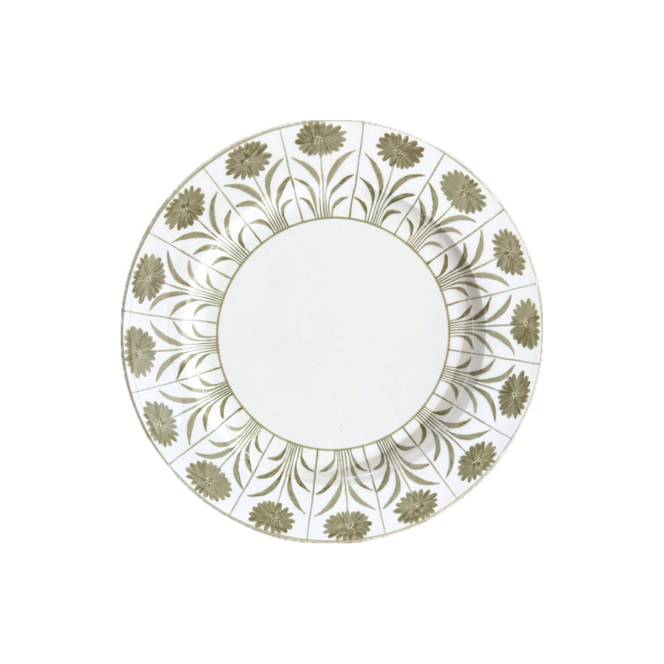 A round white plate with a decorative border featuring a repeating pattern of olive green floral motifs and delicate leafy stems, shown against a solid white background.