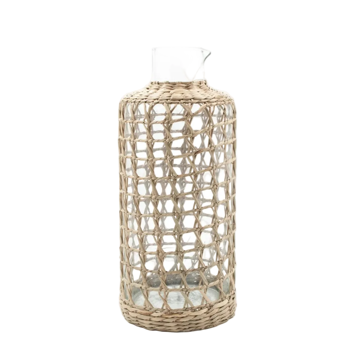 Woven rattan glass carafe on a white background