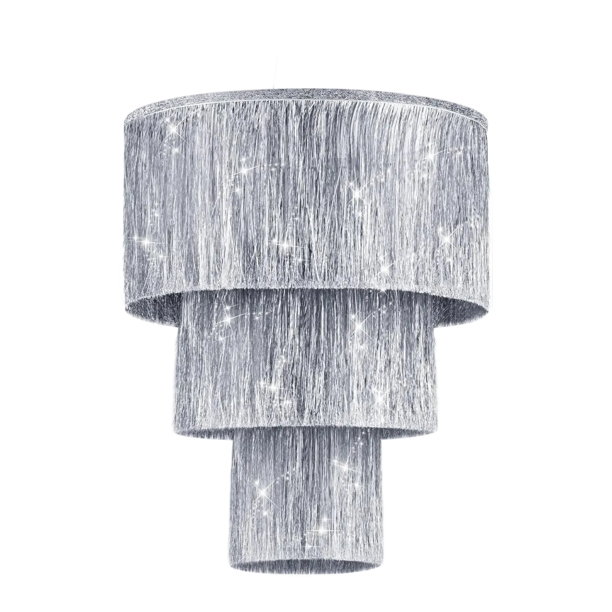 Two-layered silver textured pendant light on a white background