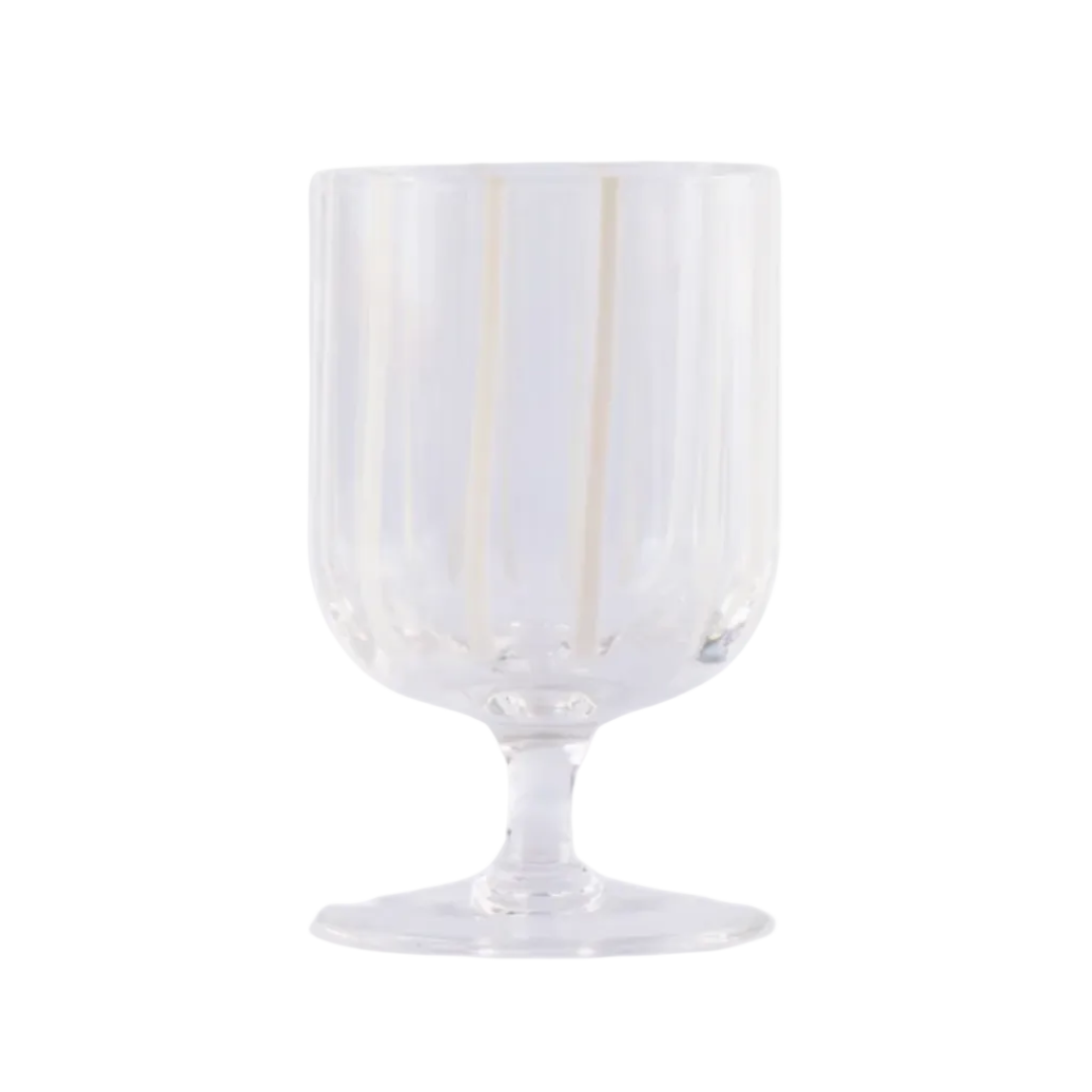 A clear glass goblet with a flared base and subtle vertical ridges, shown on a plain white background.