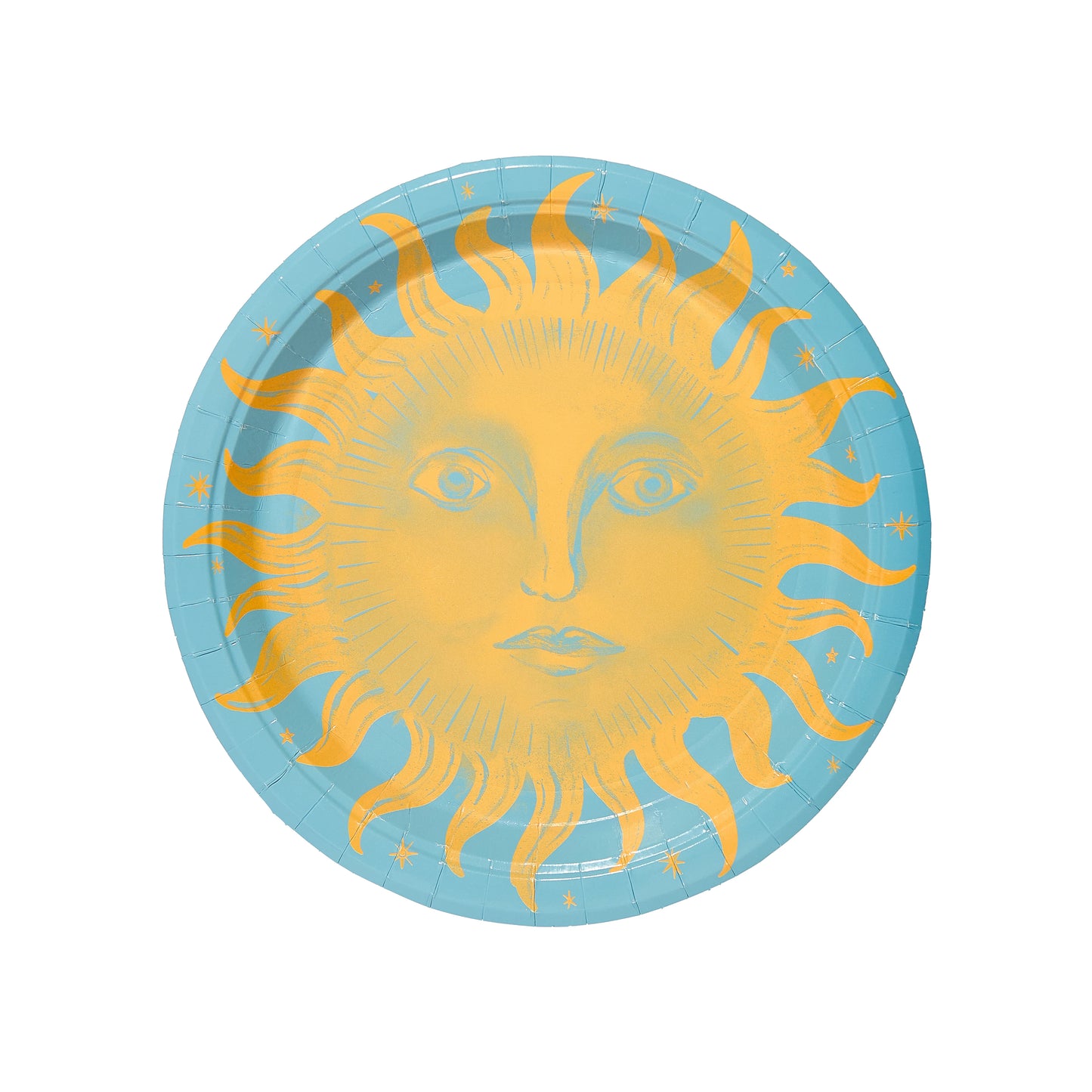 Paper plate with yellow sun design on a turquoise background by Pavilion