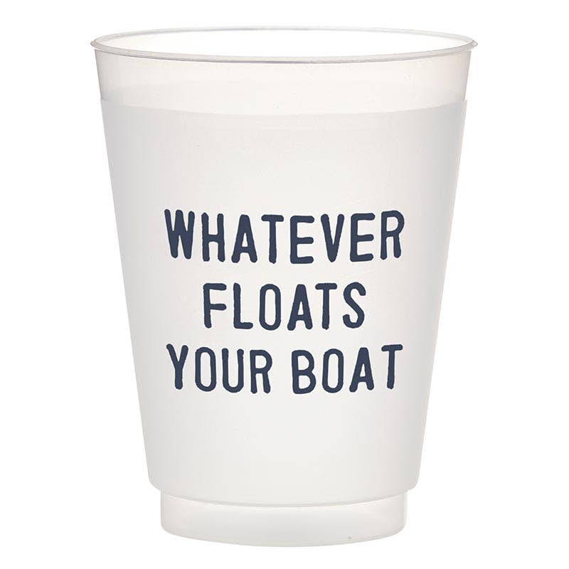 Frosted cup with 'Whatever Floats Your Boat' text on a white background