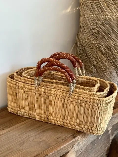 REED BASKET WITH LEATHER Handles: Small