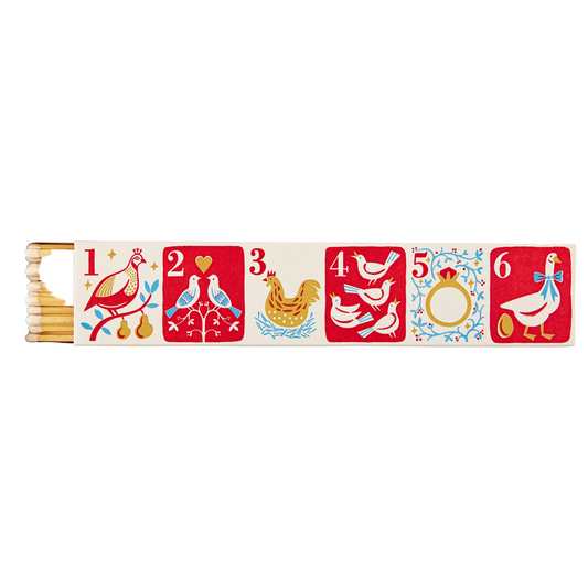 A children's wooden matchbox with six numbered panels showing traditional bird and animal illustrations, shown open with wooden matches on a white background.