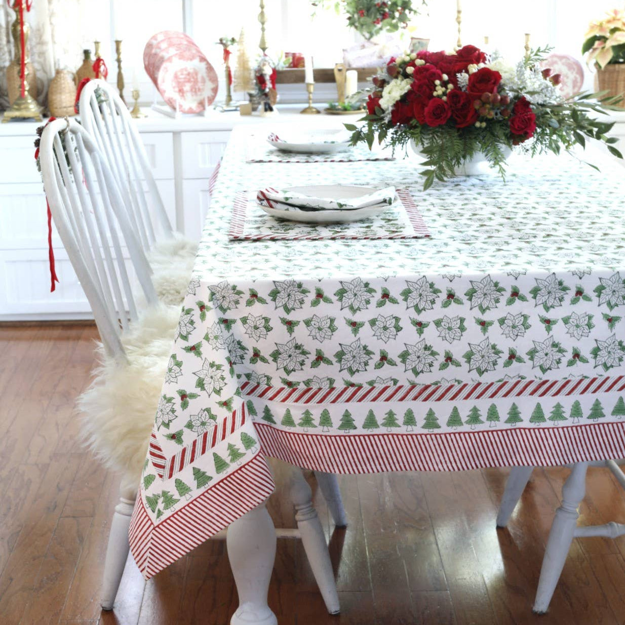 Block Print Poinsettia Tablecloth