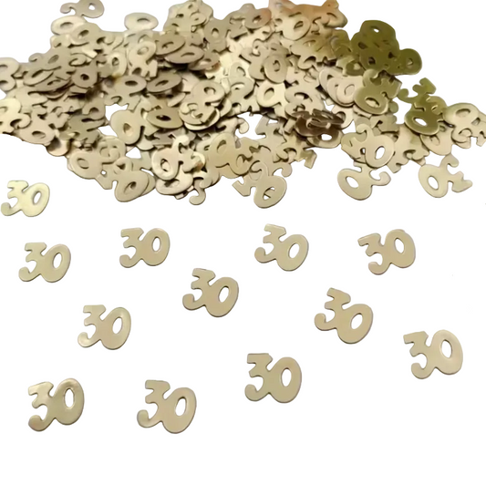 Gold '30' confetti pieces scattered 
