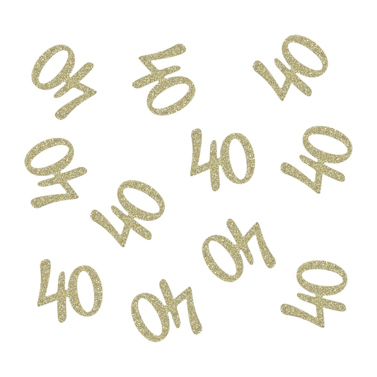 Gold glittery '40' numbers on a white background
