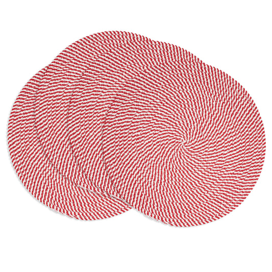 4 red and white woven placemats on a white background