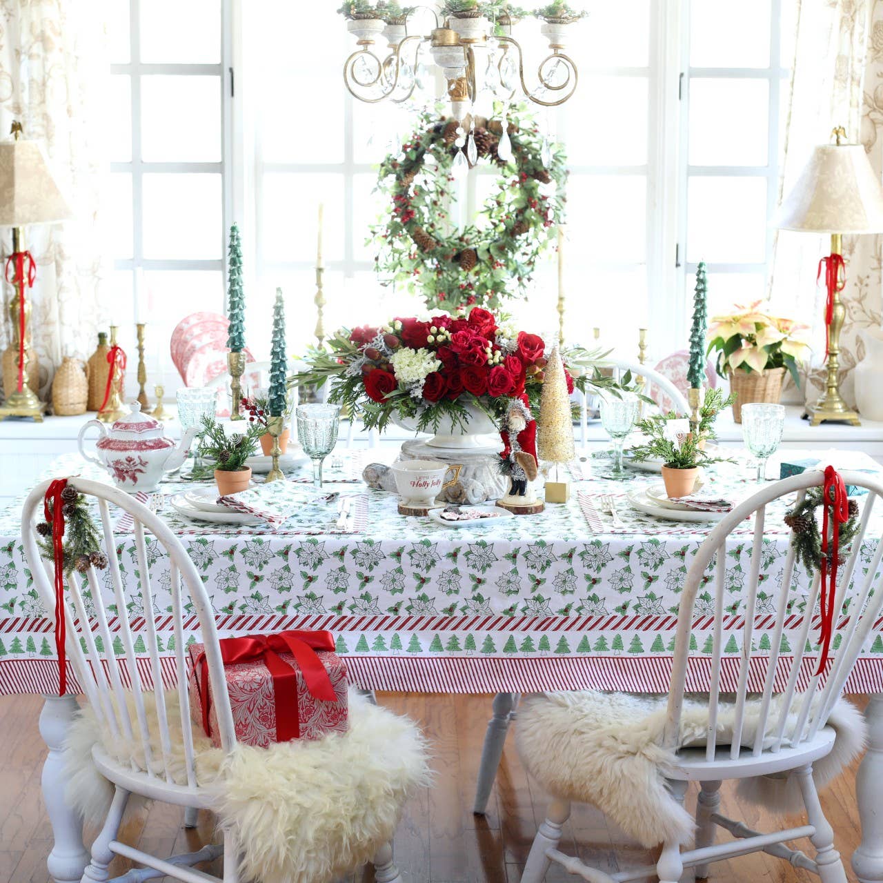 Block Print Poinsettia Tablecloth