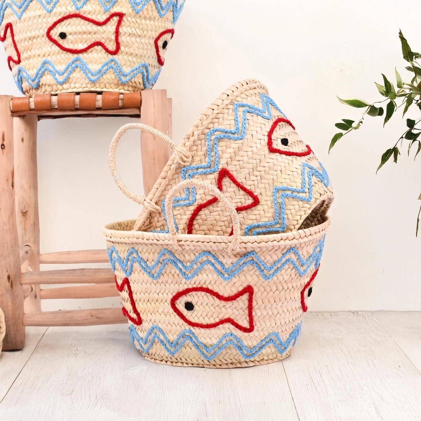 Handwoven Straw Market Basket with Fish Embroidery