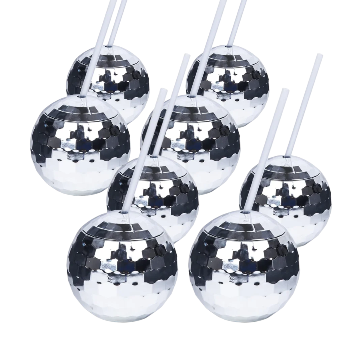 eight silver disco ball sippers with white straws, arranged on a plain white background.