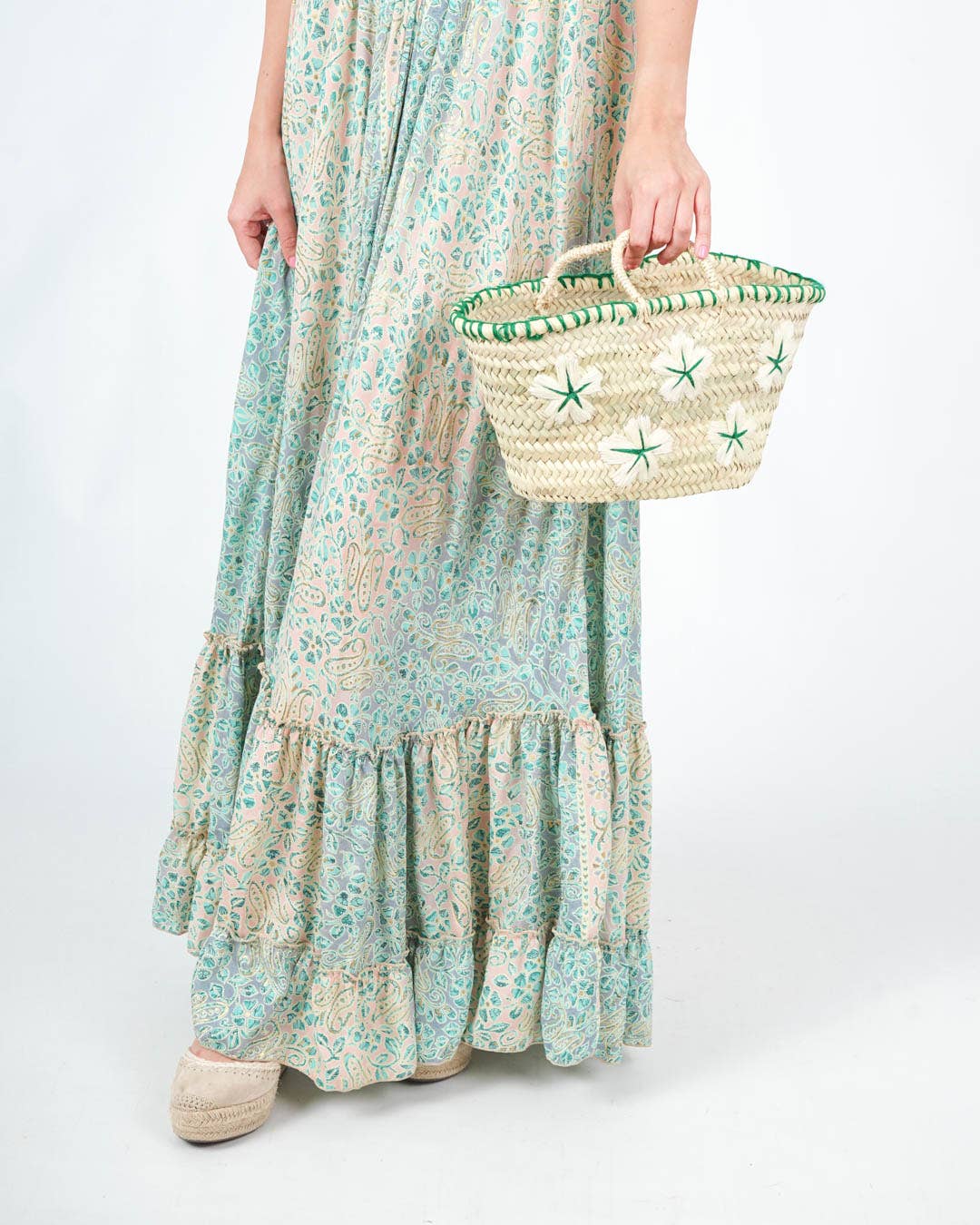 Small Green & White Market Basket