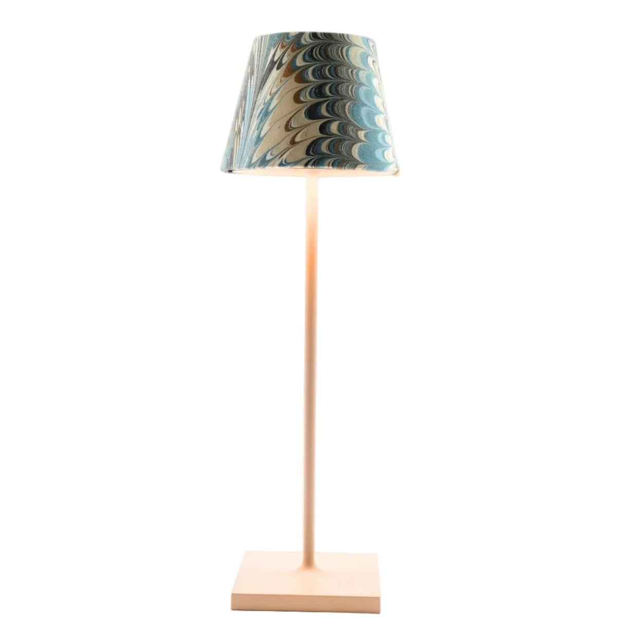 A modern table lamp with a square wooden base, a slim matching wooden stem, and a tapered fabric shade featuring a marbled pattern of blue, beige, and brown.