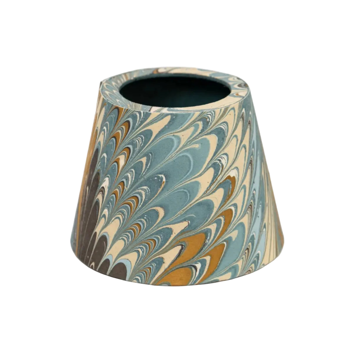 A lamp shade with a marbled paper pattern in slate blue, cream, brown, and ochre, shown on a white background.
