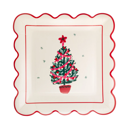 A square white paper plate with a scalloped edge, featuring a printed illustration of a Christmas tree decorated with pink and red ornaments, on a white background.