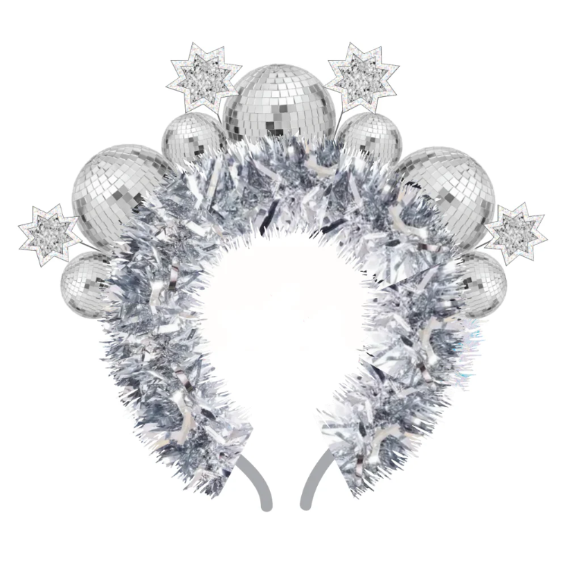 Silver disco ball headband with star decorations on a white background