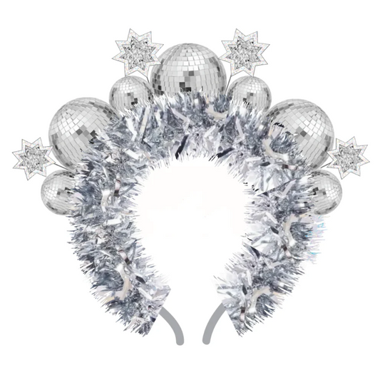 Silver disco ball headband with star decorations on a white background