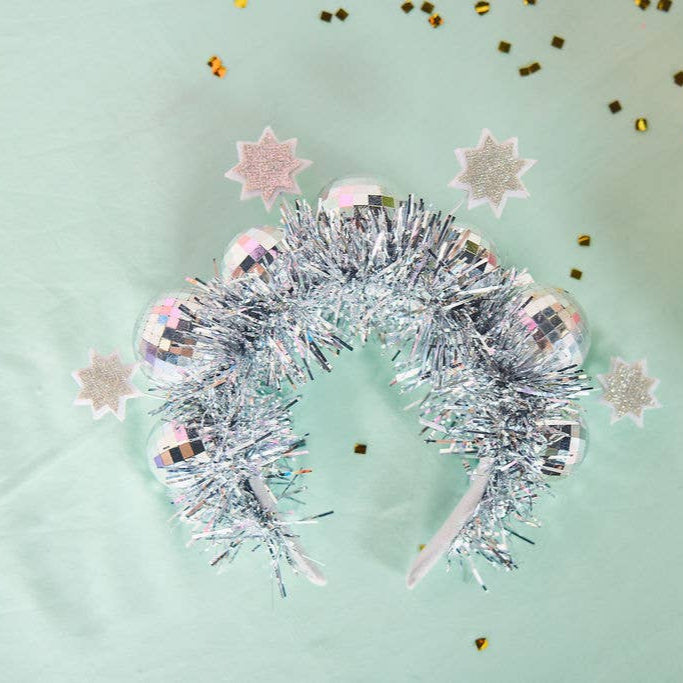 Silver tinsel headband with silver disco balls and stars