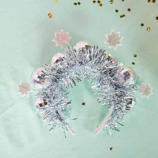 Silver tinsel headband with silver disco balls and stars