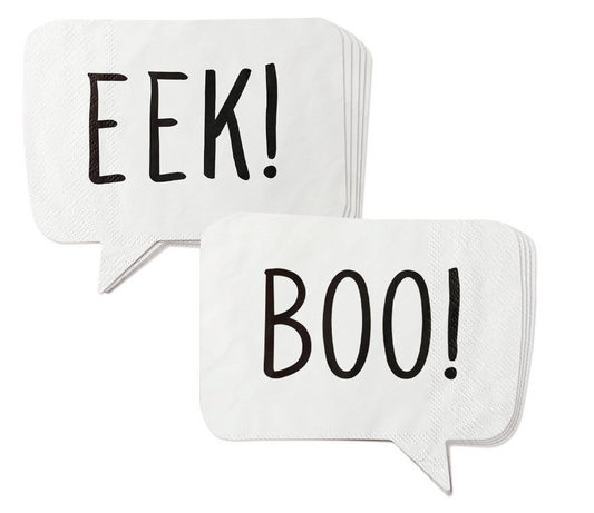 Two white paper napkins shaped like speech bubbles, one stacked on top of the other. The top napkin reads 'EEK!' in black lettering, and the bottom napkin reads 'BOO!' in black lettering, set against a plain white background.