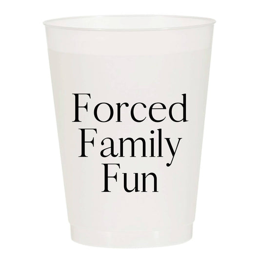 White plastic cup with 'Forced Family Fun' text on a white background