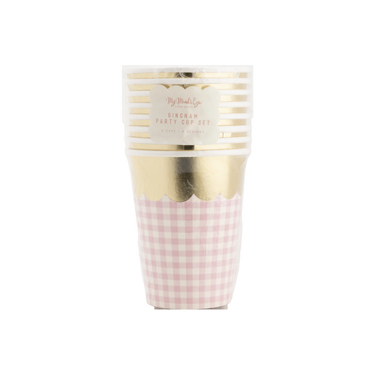 Party cup with gold and pink design on a white background