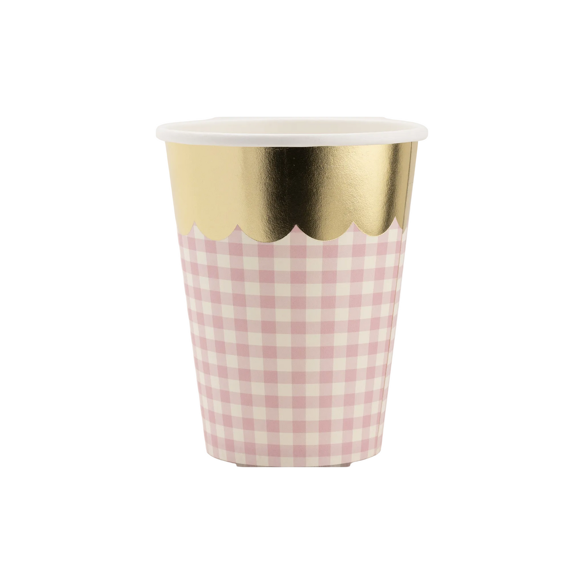 A single paper party cup with a pink and white gingham check pattern, a scalloped metallic gold band near the rim, and a white interior, shown on a plain white background.