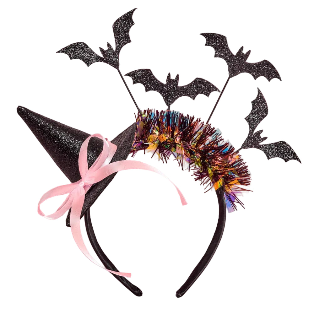 A black witch hat headband with a pink ribbon bow, decorated with black glitter bat cutouts and a multicolor tinsel crown, 