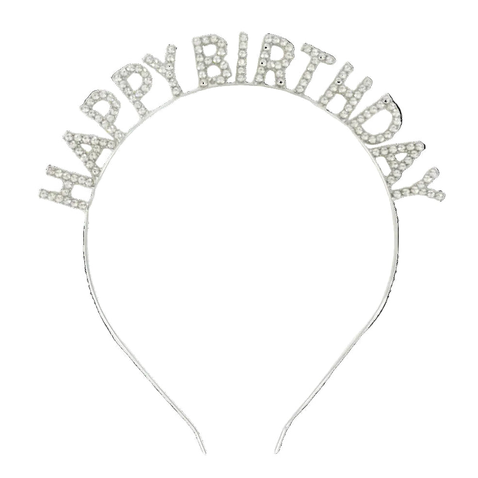 Silver 'Happy Birthday' headband on a white background