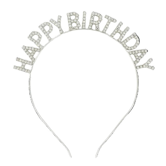 Silver 'Happy Birthday' headband on a white background