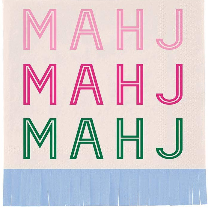 Text 'MAHJ' in pink and green on a beige background with a blue fringe at the bottom.