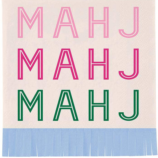 Text 'MAHJ' in pink and green on a beige background with a blue fringe at the bottom.